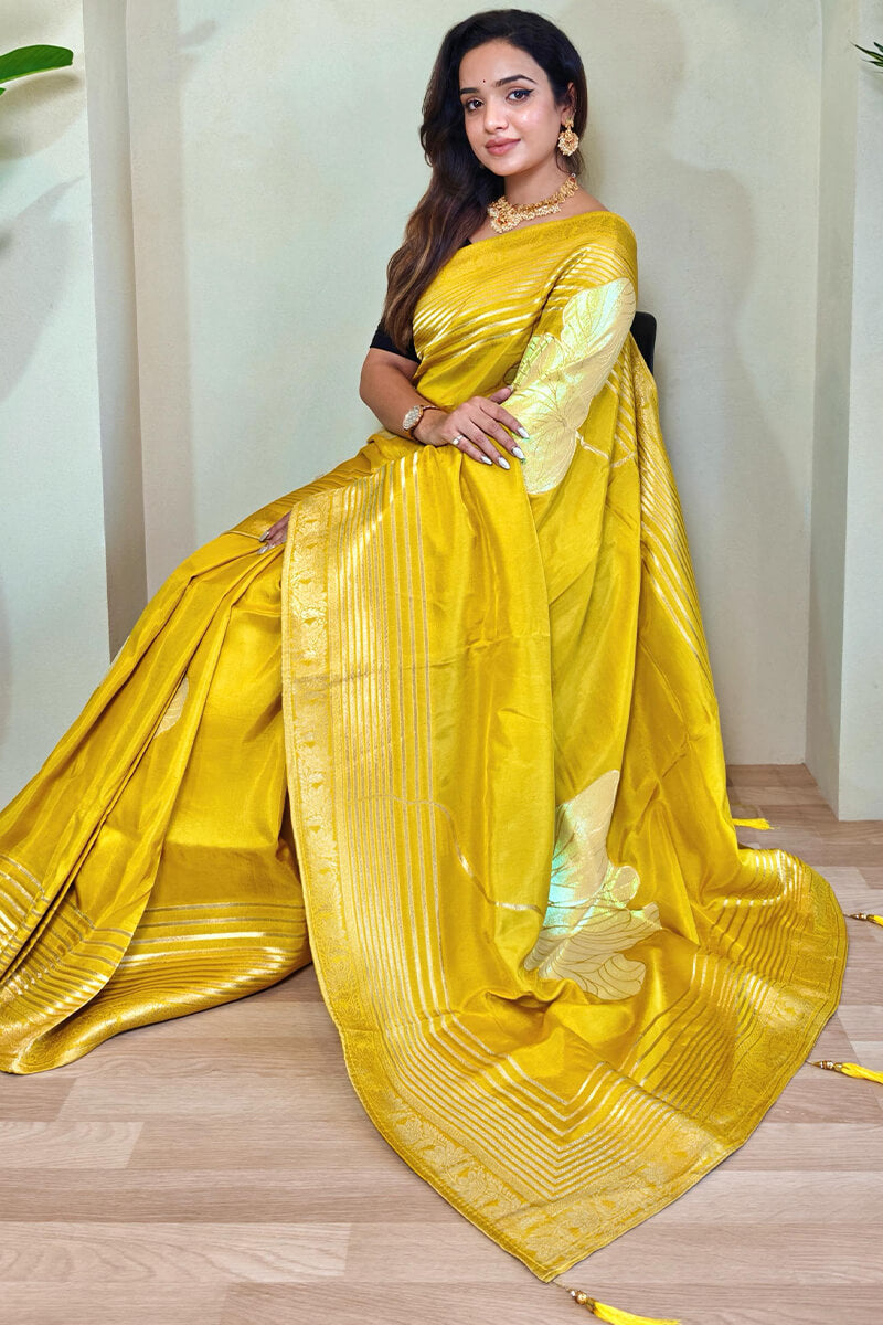 Captivating Mustard Soft Banarasi Silk Saree With Blissful Blouse Piece - Surats Fabric