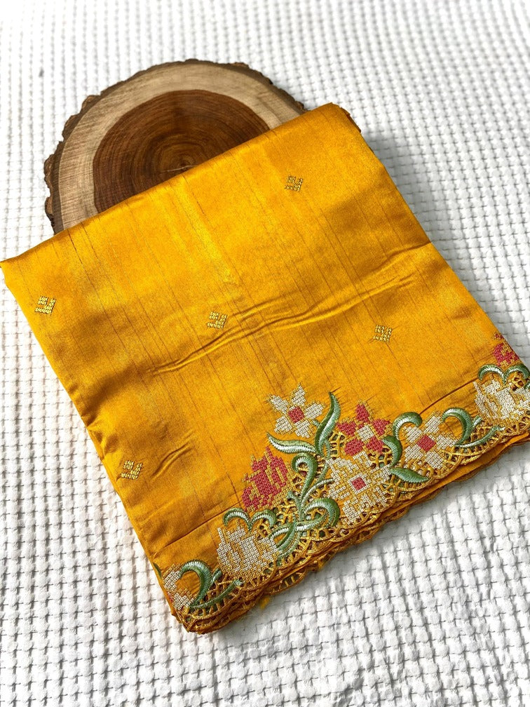 Blissful Mustard Embroidery Work Tussar Silk Saree With Preferable Blouse Piece - Surats Fabric