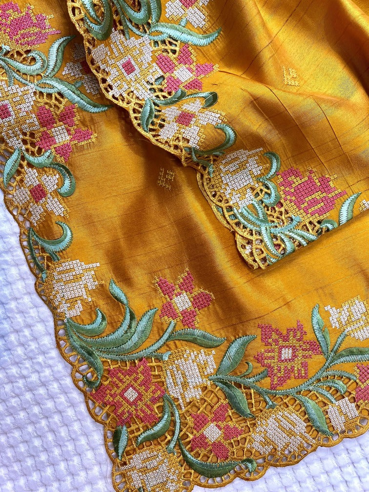Blissful Mustard Embroidery Work Tussar Silk Saree With Preferable Blouse Piece - Surats Fabric