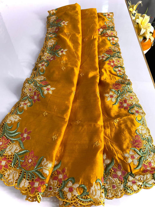 Blissful Mustard Embroidery Work Tussar Silk Saree With Preferable Blouse Piece - Surats Fabric