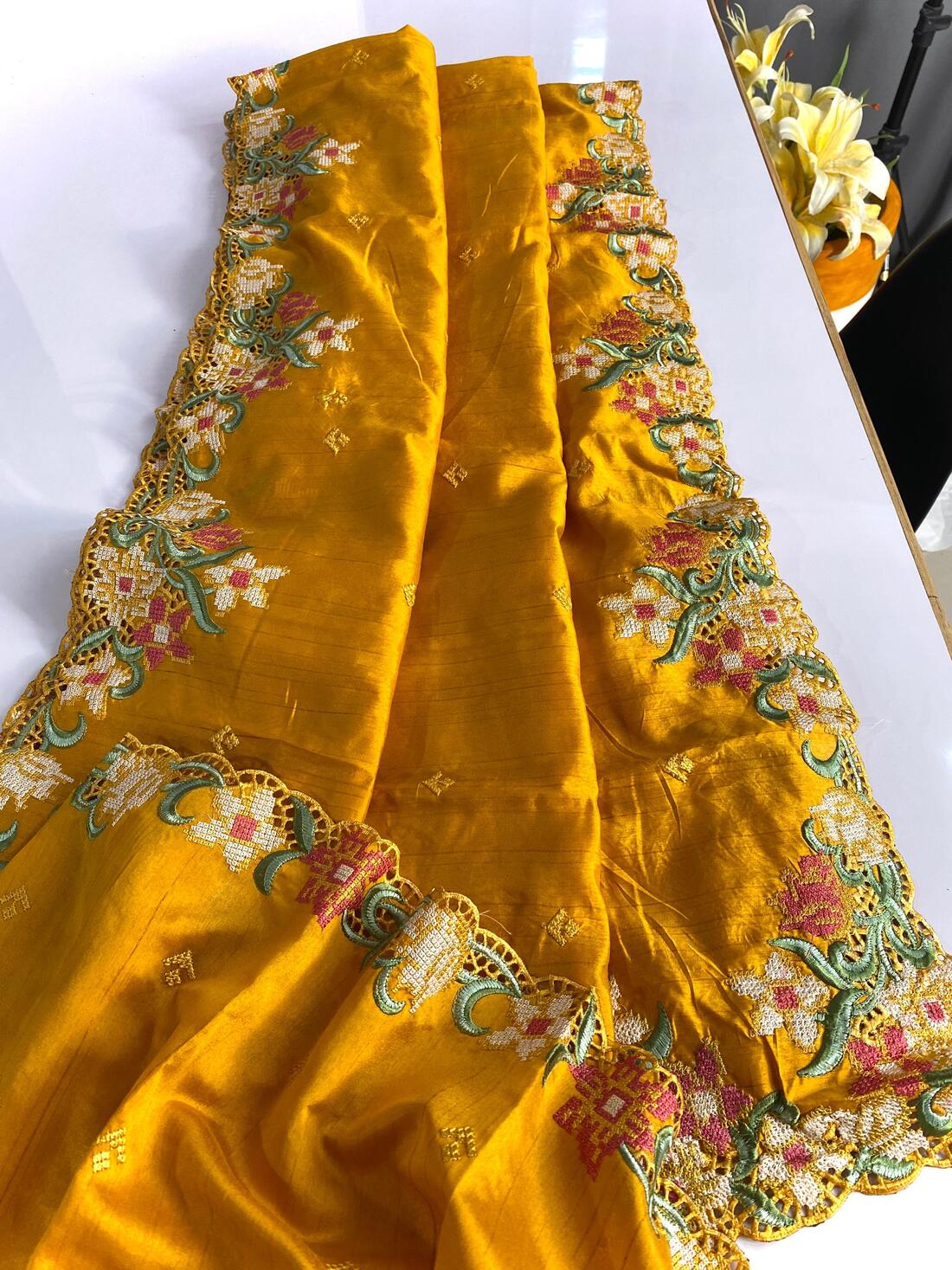 Blissful Mustard Embroidery Work Tussar Silk Saree With Preferable Blouse Piece - Surats Fabric