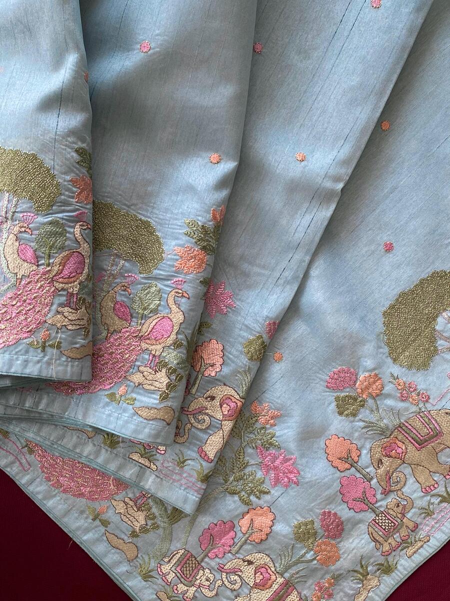 Blissful Sky Embroidery Work Tussar Silk Saree With Vibrant Blouse Piece - Surats Fabric