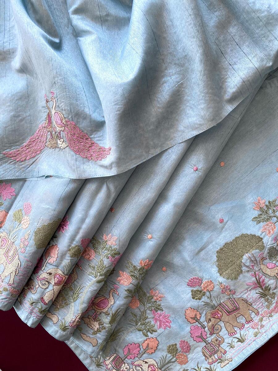 Blissful Sky Embroidery Work Tussar Silk Saree With Vibrant Blouse Piece - Surats Fabric