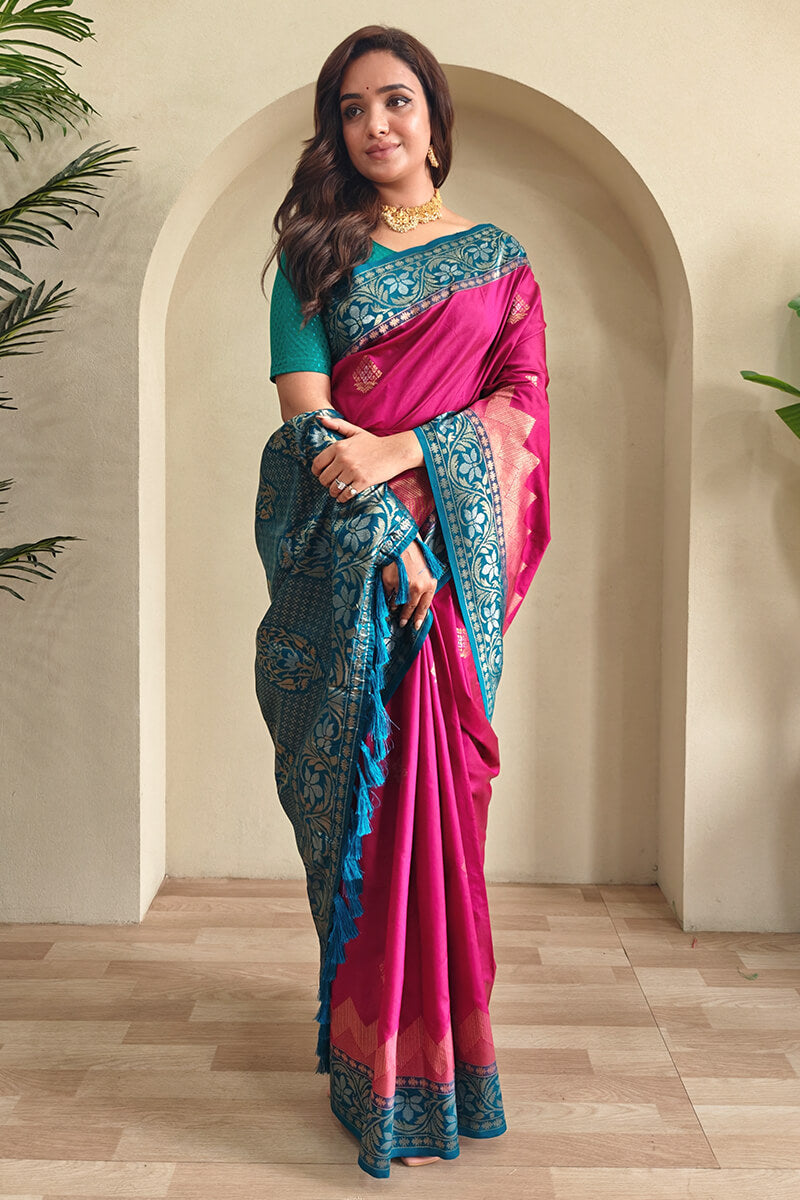 Blissful Dark Pink Soft Banarasi Silk Saree With Fancifull Blouse Piece - Surats Fabric