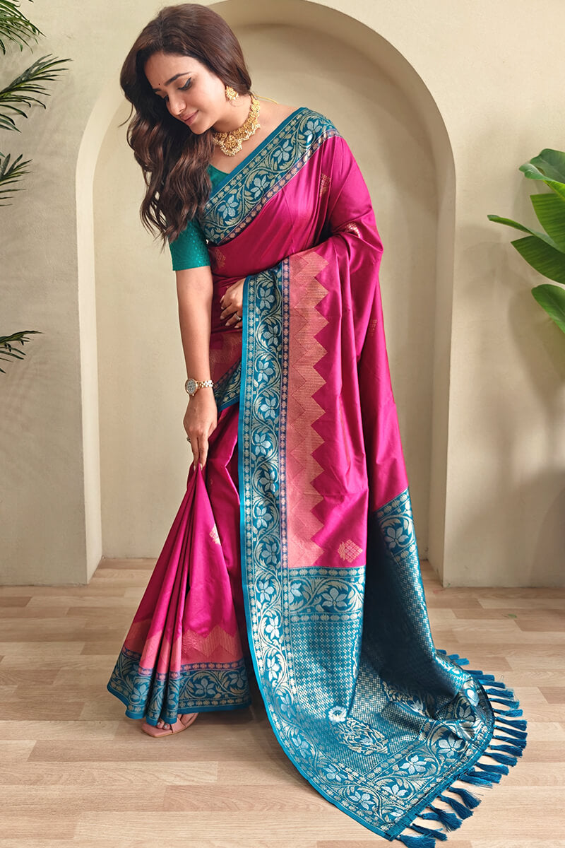Blissful Dark Pink Soft Banarasi Silk Saree With Fancifull Blouse Piece - Surats Fabric