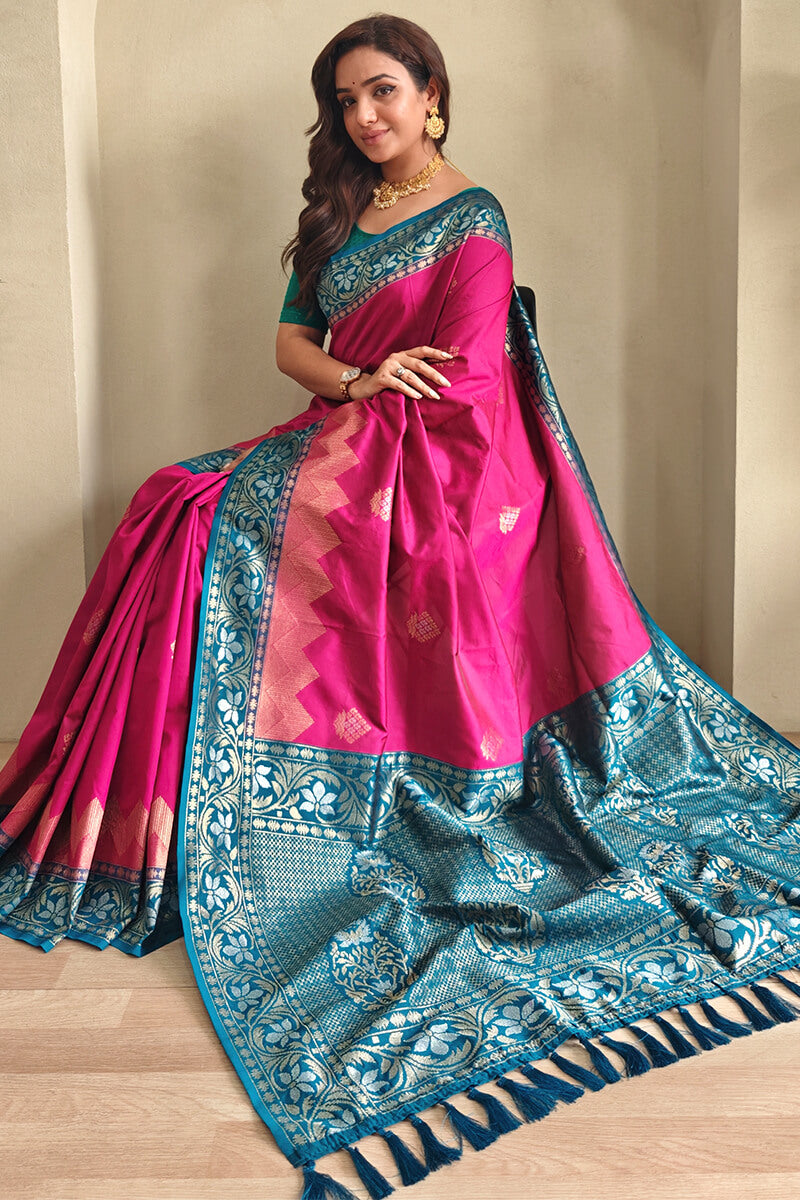 Blissful Dark Pink Soft Banarasi Silk Saree With Fancifull Blouse Piece - Surats Fabric