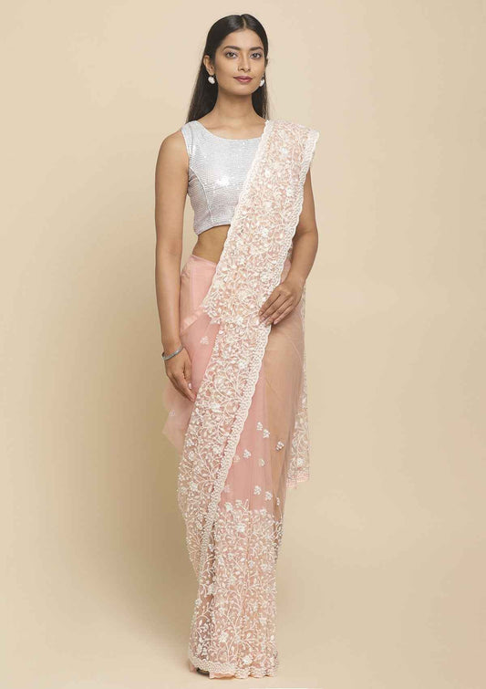 Baby Pink Pearlwork  Net Designer Saree