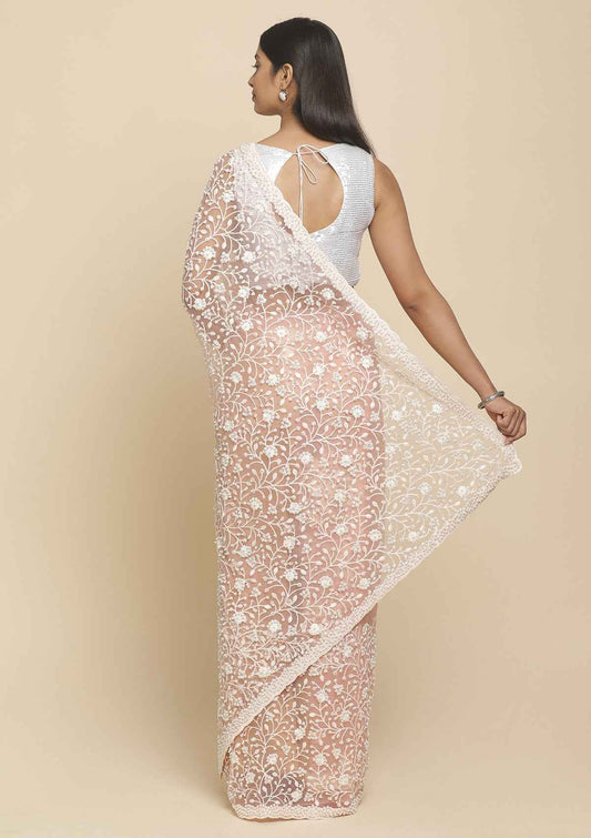 Baby Pink Pearlwork  Net Designer Saree