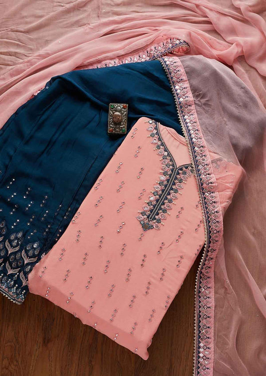 Baby Pink Mirrorwork Semi Crepe Semi-Stitched Salwar Suit