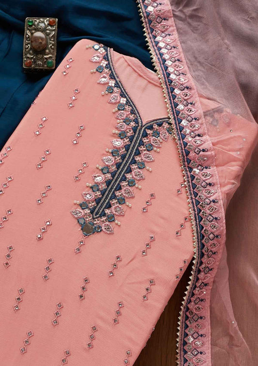 Baby Pink Mirrorwork Semi Crepe Semi-Stitched Salwar Suit
