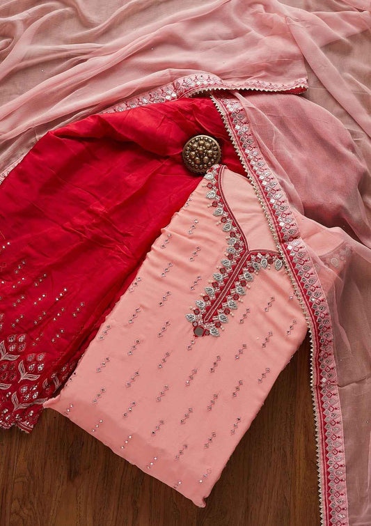Baby Pink Mirrorwork Semi Crepe Semi-Stitched Salwar Suit