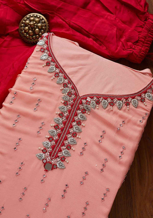 Baby Pink Mirrorwork Semi Crepe Semi-Stitched Salwar Suit