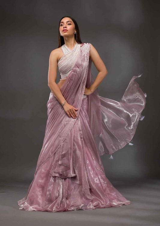 Baby Pink Pearlwork Organza Readymade Saree