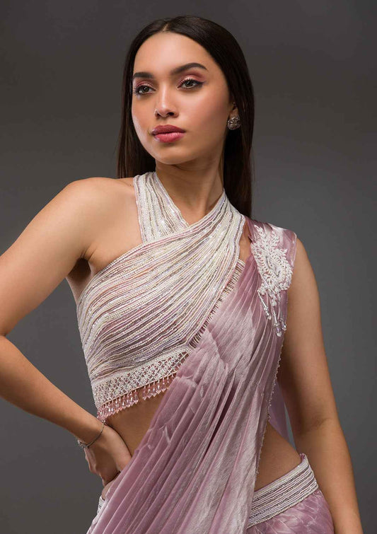 Baby Pink Pearlwork Organza Readymade Saree