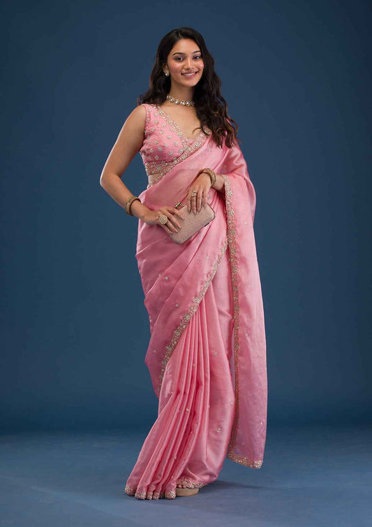 Baby Pink Pearlwork Tissue Saree