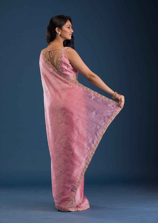 Baby Pink Pearlwork Tissue Saree