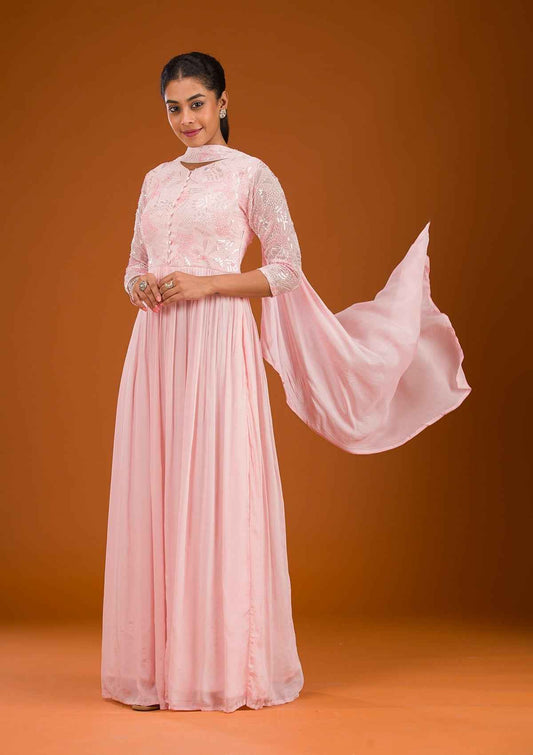 Baby Pink Sequins Georgette Readymade Salwar Suit