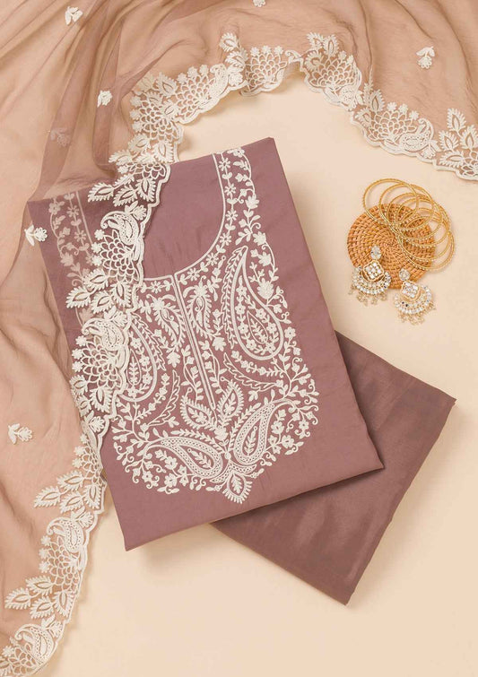 Brown Threadwork Semi Crepe Unstitched Salwar Suit