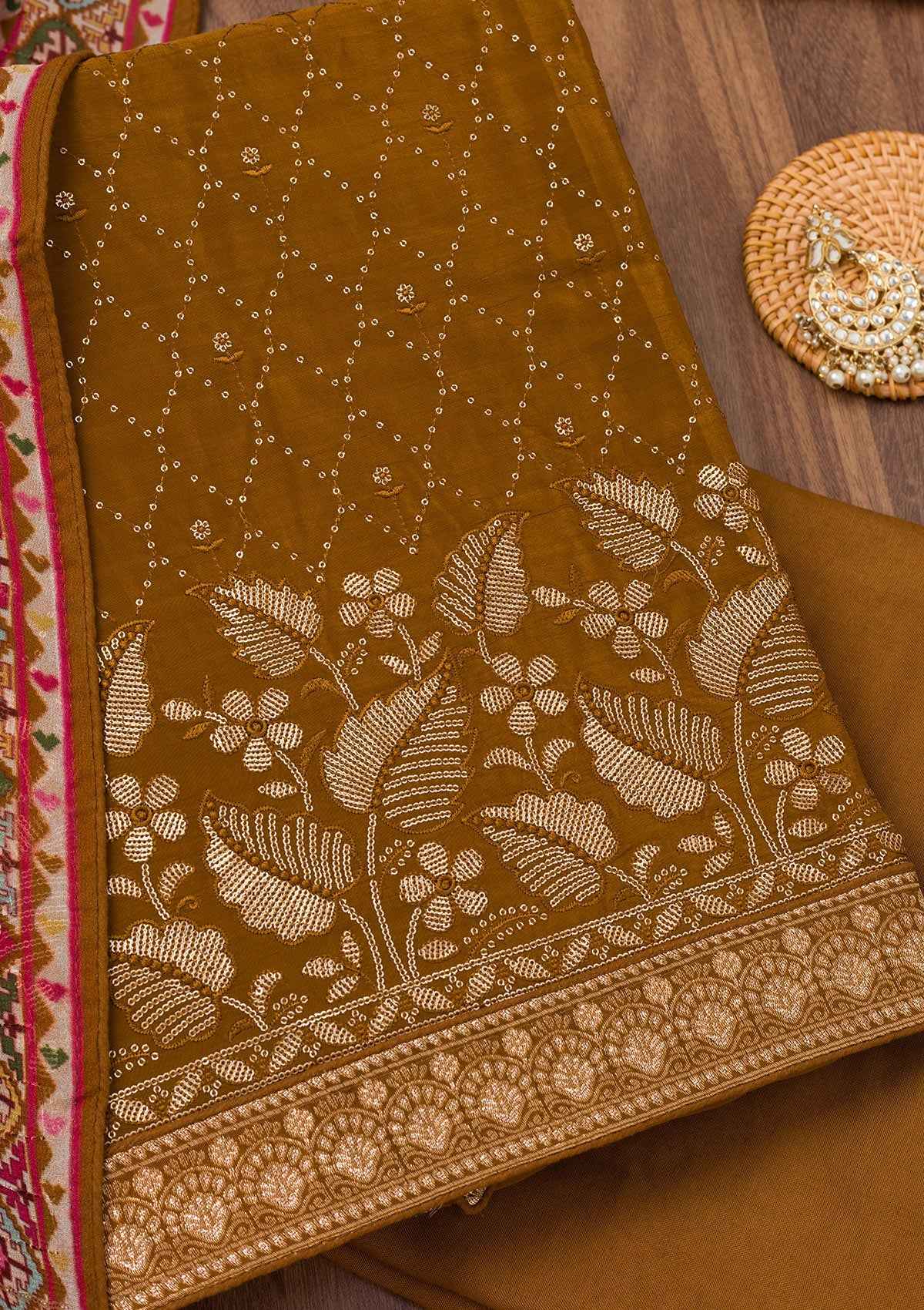 Brown Zariwork Semi Crepe Unstitched Salwar Suit