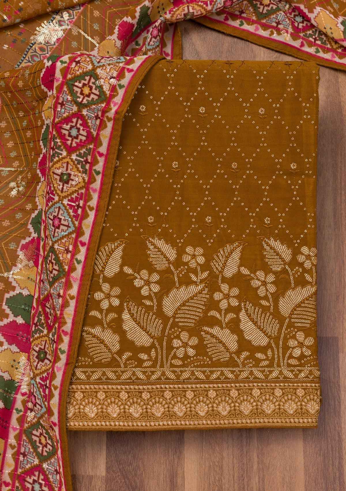 Brown Zariwork Semi Crepe Unstitched Salwar Suit