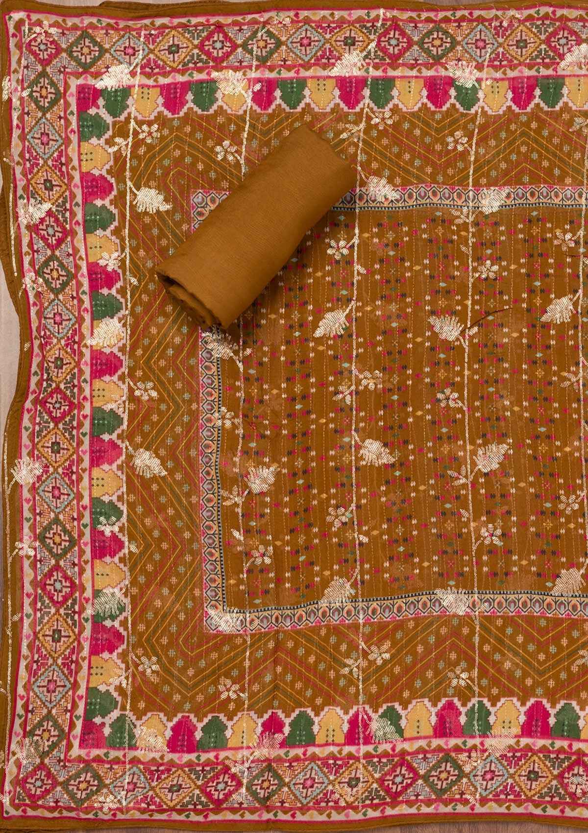 Brown Zariwork Semi Crepe Unstitched Salwar Suit