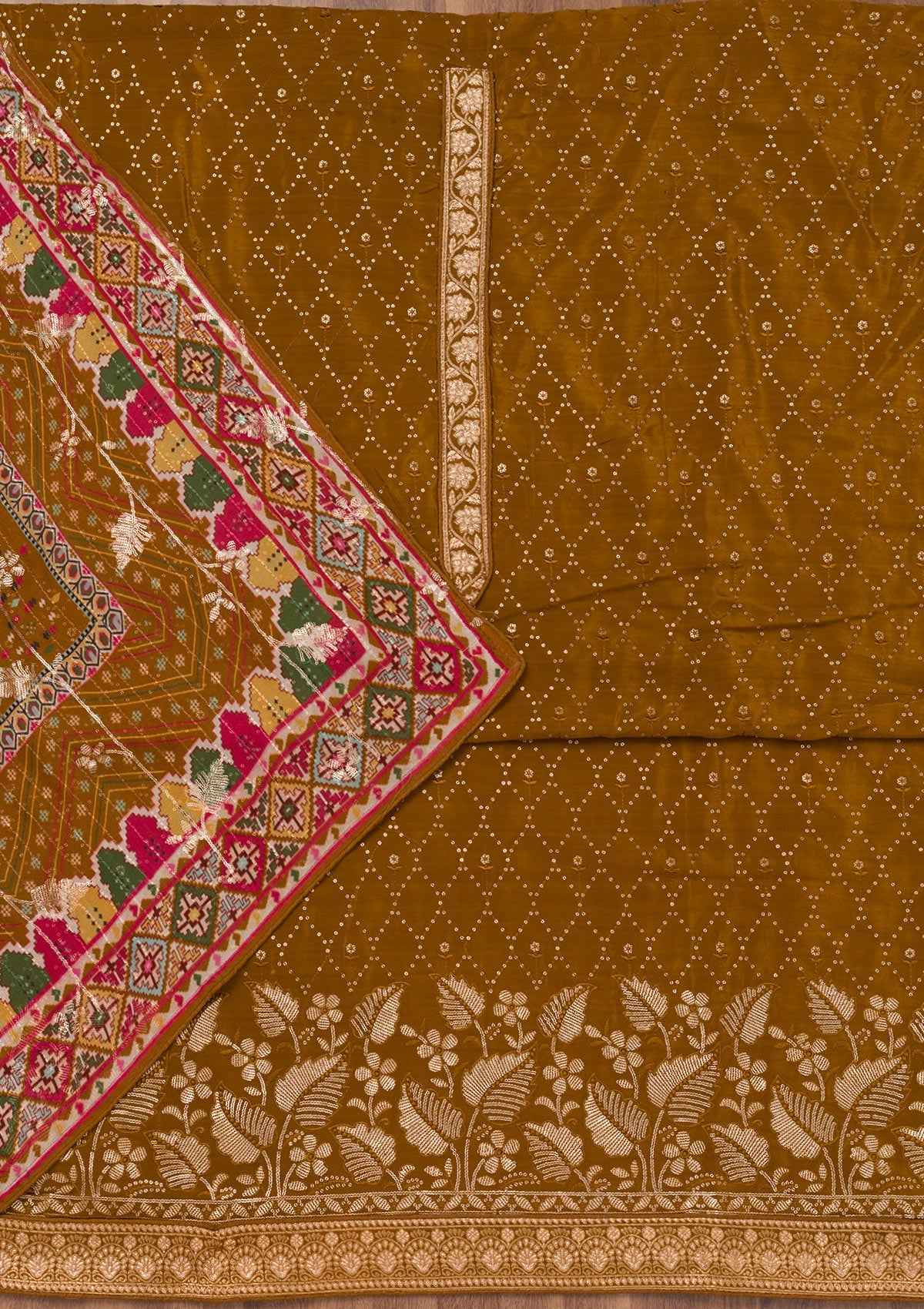Brown Zariwork Semi Crepe Unstitched Salwar Suit