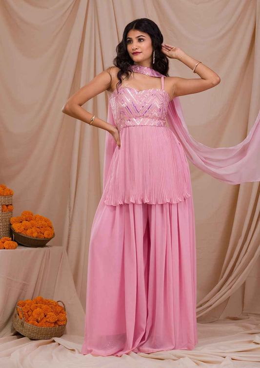 Baby Pink Sequins Georgette Readymade Sharara Suit