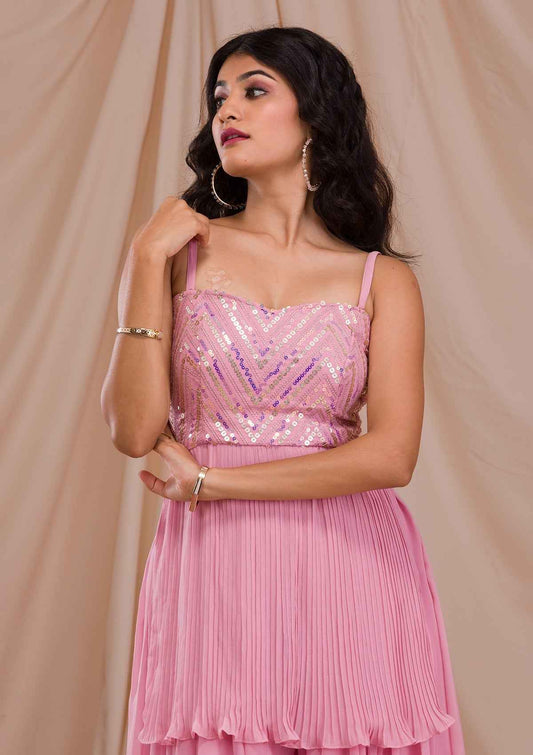 Baby Pink Sequins Georgette Readymade Sharara Suit