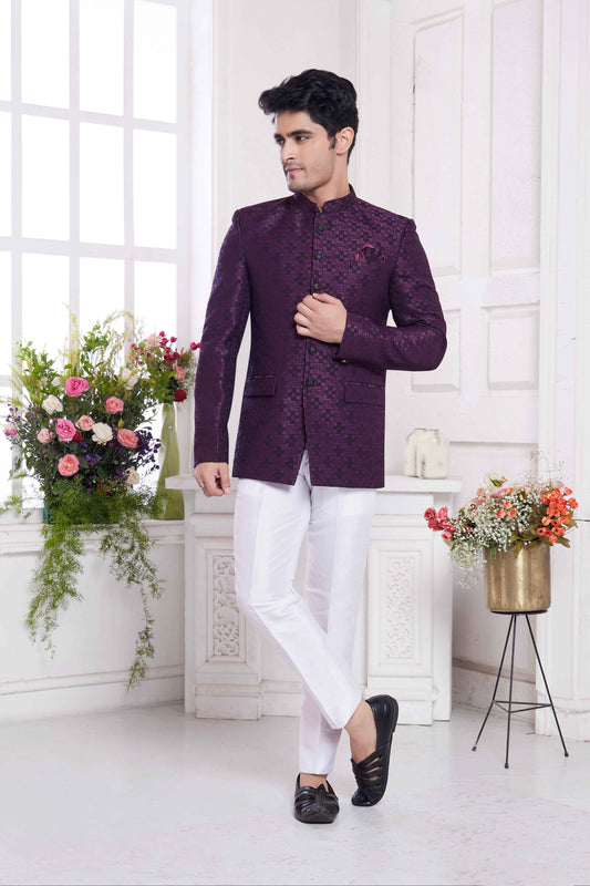 Wine Jacquard Silk Jodhpuri Suit for Men
