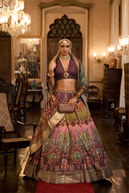 Stunning Rajwadi Silk Lehenga Choli with Aari Mirror Work