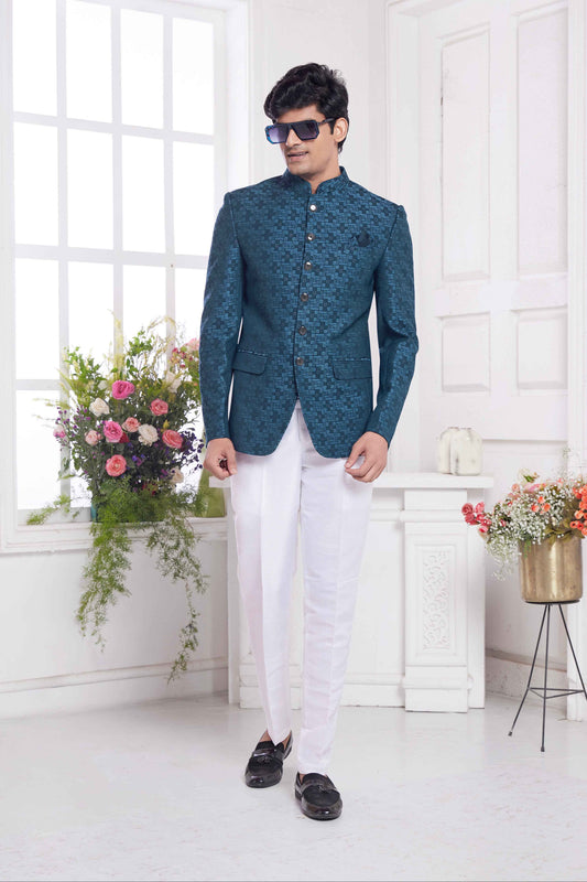 Teal Green Jacquard Silk Jodhpuri Suit for Men
