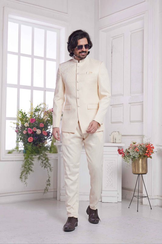 Cream Imported Jacquard Silk Jodhpuri Suit for Men