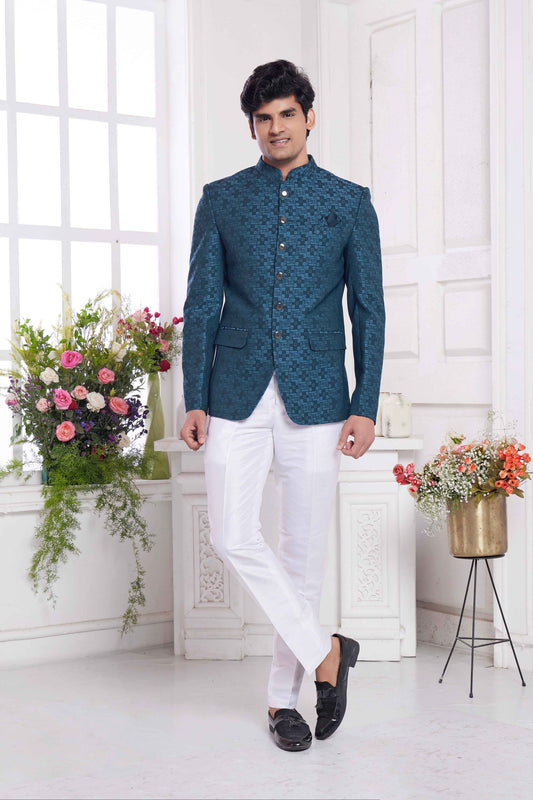 Teal Green Jacquard Silk Jodhpuri Suit for Men