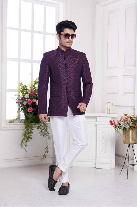 Wine Jacquard Silk Jodhpuri Suit for Men